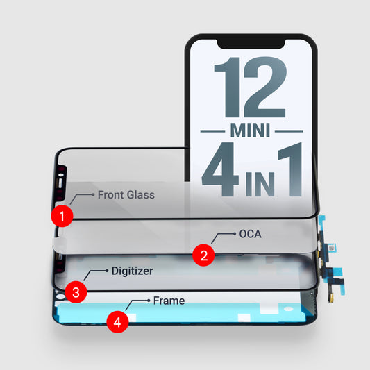 iPhone 12 Mini (4in1) Glass + OCA + Digitizer (NO IC) + Frame With Adhesive Pre-Installed