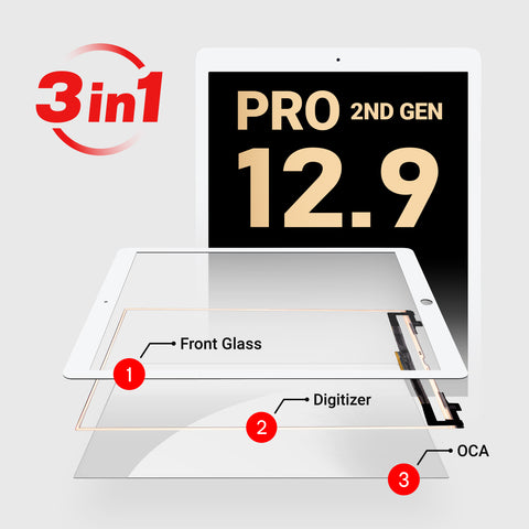 iPad Pro 12.9" 2nd Generation (3in1) Glass + Digitizer With OCA Pre-Installed (White) (Premium)