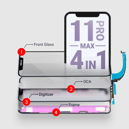 iPhone 11 Pro Max Glass (4in1) Glass + OCA + Digitizer + Frame with Adhesive Pre-Installed